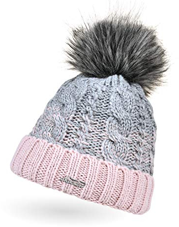 Neverless® Damen Strick-Mütze gefüttert Fleece-Innenfutter Fell-Bommel Kunstfell Winter-Mütze Bommelmütze Zopfmuster Mehrfarbig Umschlag rosa-grau