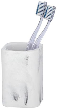 WENKO Zahnbürstenhalter Desio, Zahnputzbecher für Zahnbürste und Zahnpasta, Becher aus Kunststein in eleganter Marmor-Optik, Bad-Zubehör für stilvolle Badausstattung, Weiß/Grau, 7,7 x 11 x 7,6 cm