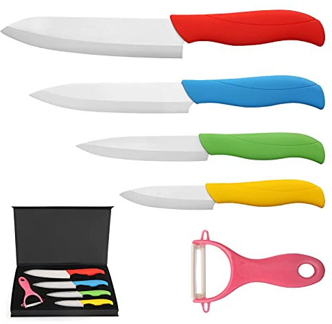 BelleStyle Set Coltelli, Coltelli da Cucina in Ceramica, Professionale Set di Coltelli da Cuoco, Multicolore 4 Coltelli Ceramica e 1 Pelapatate per Tagliare Frutta Verdura Carne - Affilato e Leggero