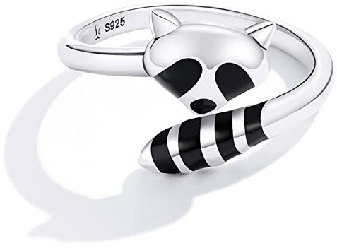 Qings Sterling silver justerbar öppen ring - söt svart björn färgglad fjäder blad uttalande djur ringar stapelbara CZ Knuckles smycken handgjorda gåvor, Sterlingsilver, Kubisk zirkonia