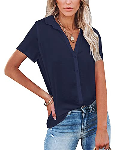 NONSAR Blusa para Mujer de Manga Larga y, Cuello de Pico, con Botones, Elegante, Informal, para Trabajo, Camisa de Manga Larga, Azul Oscuro de Manga Corta., XXL