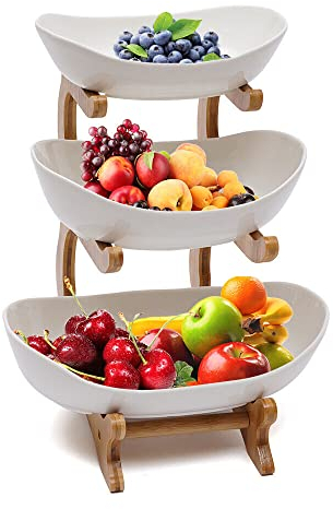 WSIKGHU Obstschalen Obst Etagere 3 Stöckig Obstteller Oval Bambusholz Ständer Obstkorb Bambus Stand Inhaber, Frucht Snack Tortenständer (weiß)
