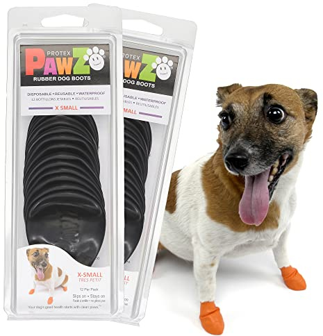 PawZ Rubber Dog Boots for Paws up to 2, 24 Total (2 Packs of 12) - All-Weather Booties for Hot Pavement, Snow, Mud, and Rain - Waterproof, Anti Slip Dog Socks - X-Small, Black