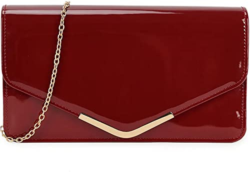 fi9® Pochette in pelle verniciata, da sposa, da sera, per feste, pochette a tracolla, Borgogna, medium