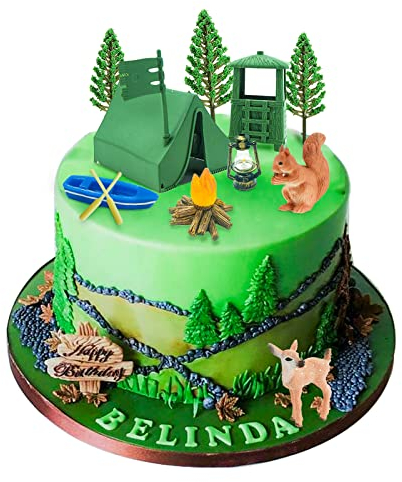 Morofme 13 piezas de decoración para tartas de camping, chimenea, campamento, tienda de campaña, hoguera, canoa, árbol, ardilla, ciervo, cifras, aventura, fiesta temática