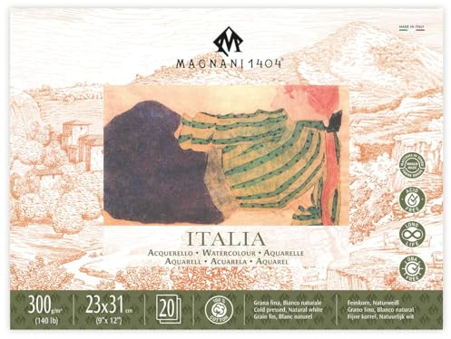 Bloc de papel de acuarela Magnani, grano fino, 300 g/m, 100% algodón, papel de filtro redondo (23 x 31 cm)