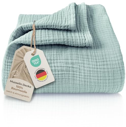 LAYNENBURG Premium muslinöverkast, 180 x 220 cm – 100 % bomull – extra mjuk bomullsfilt som gosig filt, sängskydd, sofföverkast, soffskydd – varm soffskydd (mintgrön)