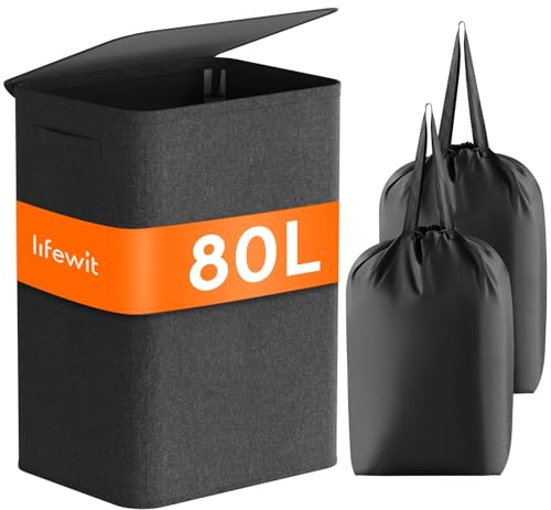 Lifewit Cesto Ropa Sucia con Tapa 80L, Cesta Ropa Sucia con Bolsa Extraíble, Laundry Basket, Cesta de Almacenamiento, Cubo Ropa Sucia Plegable para Baño, Dormitorio, Lavadero, Negro