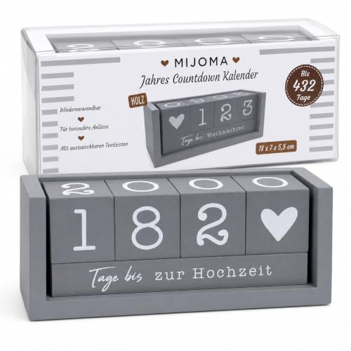 MIJOMA År nedräkningskalender av trä – permanent bordskalender med dekorativa kuber – upp till 432 dagar för speciella tillfällen (grå – tysk utgåva, ca. 18 × 7 × 5,5 cm)