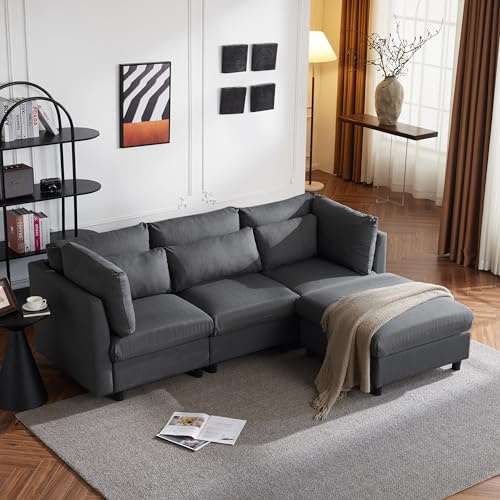 Lexiou, Divano Moderno, Mobili Imbottiti, 3 Posti, Grigio, Lino, 220x83x81cm, Forma a L