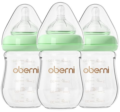 Oberni Anti-Colic Glass Baby Bottles with Slow Flow Breast-Like Silicone Teat, 150ml, 0+ Months, Wide-Neck, Green/3Pack