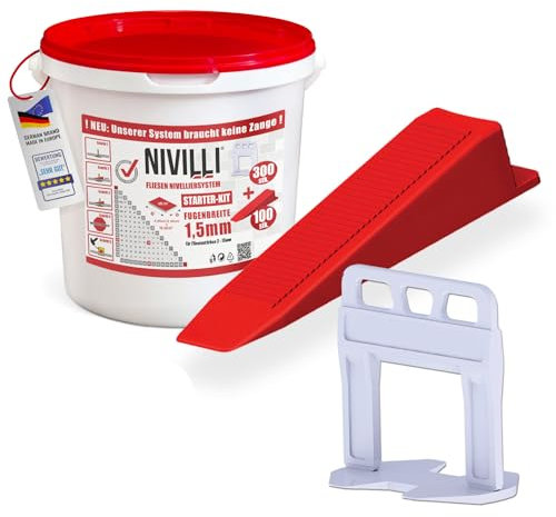 Nivilli KEILY Starter-Set - 300x Laschen + 100x Keile. Zangenloses Profi Nivelliersystem. Verlegehilfe Fliesen. DAS BESTE ZUM GÜNSTIGEN PREIS! 1.5mm Fugenbreite, Materialstärke 3-15mm