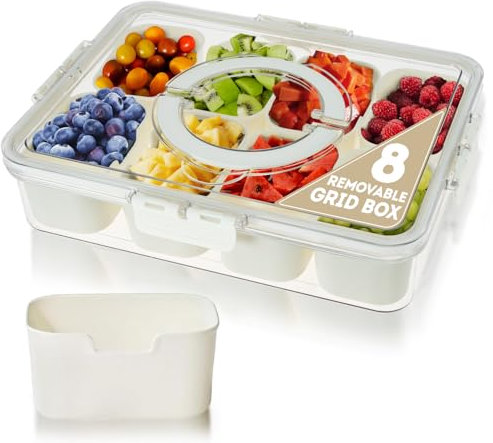 Coselena 8-Compartment Food Containers with Handle & Lid – Snack Box with Compartments for Parties, Reusable Snack Containers, Divided Serving Tray with Lid for Veggies, Fruit, Candy, Nuts – Beige