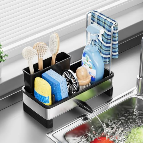 JOUING Organizador Cocina Organizador de Fregadero de Acero Inoxidable Soporte para Esponja de Drenaje Autodrenante Sink Caddy para Toallero, Esponja, Cepillo, Paño, Líquido Lavavajillas (Negro)