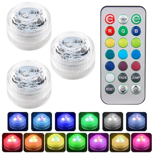 3 Pcs Mini Submersible LED Lights with Remote Control Waterproof RGB Colour Changing Tea Lights for Ponds, Pools, Fountains, Aquariums Gardens Party Decorations, Battery Operated LED Pond Light