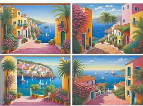 SHEGZHUC Confezione da 4 pezzi di diamond painting per adulti casa sul mare rosa, 40 x 30 cm, pittura con diamanti, isole Santorini, mosaico ricamo, punto croce, arte regalo, decorazione da parete per