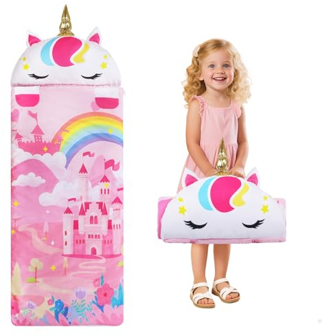 Sac de Couchage Chaud pour Enfants avec Oreiller Amovible, Tapis de Sieste pour Filles et Garçons, Couverture de Sieste avec Double Fermeture Eclair pour Camping Ecole Garderie,150×60cm Licornes