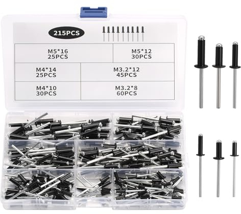 215 PzRivetti Alluminio, Rivetti Pop, 3,2mm 4mm 5mmRivetti Ciechi in Alluminio, Rivetti a Strappo a Flangia Grande Neri per Metallo, Mobili, Auto, Navi (8/10/12/14/16 mm)
