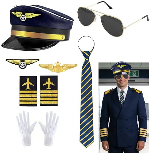 Nzkeuf 8 Accessori per Costume da Capitano Pilota, Cappello da Pilota, Cappello da Pilota, Capitano, Pin, Cravatta, Badge, Tracolla, Occhiali da Sole, Guanto, Uomini per Travestimenti