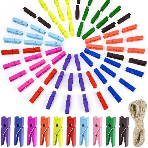 JAXICREY Wooden Clothes Pegs, 100 Pcs Coloured Mini Pegs with 10 Meters Jute String, 3.5cm Mini Clips Natural Wooden Clothespins with Spring for Clothing, Photos, Wedding Decorations, Hobbies