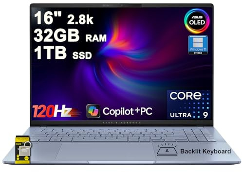 ASUS Vivobook S16 AI PC Laptop 16 2.8k OLED 120Hz (600nits, 100% DCI-P3) Intel 16-core Ultra 9 285H 32GB DDR5 1TB SSD Backlit for Designer Creator Business Professional Win11Pro ICP Hub