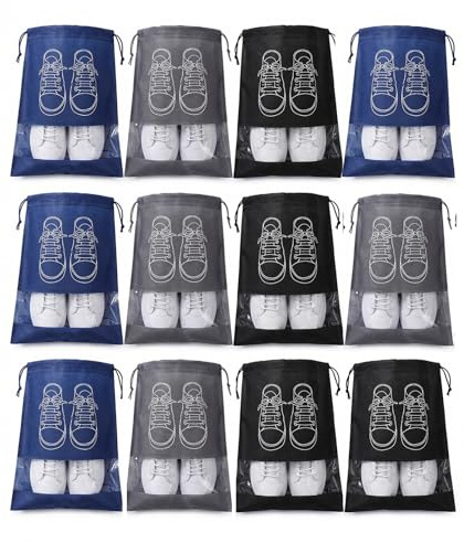 Paquete de 12 Bolsas para Zapatos no Tejidas, Almacenamiento portátil y Resistente a la Humedad para Viajes y hogar, con Ventana Transparente de fácil Acceso y diseño de cordón, tamaño 44x32 cm