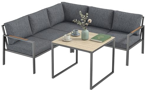 Outsunny Salon de Jardin Extérieur 3 Pièces 5 per. 2 Canapés Gris Foncé | Coussins Amovibles Épais, 1 Table Basse avec Plateau en Verre, Ensemble de Canapé Extérieur, pour Terrasse Balcon