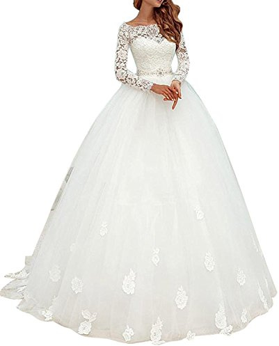 Mingxuerong Vestidos de novia elegantes vestido de novia de encaje vestidos de novia simples con manga larga, Blanco, 52