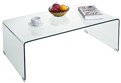 Inwellhome Modern Tempered Glass Coffee Table 10mm Thick Bent Curved Clear Glass Console Table 100x55x35.5cm