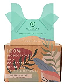 ECO WAVE Bolsas de basura 100% biodegradables y compostables, 50 litros, 40 bolsas, certificado EN 13432