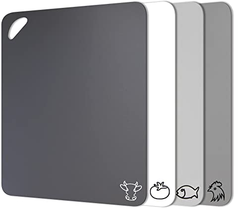 Taglieri di Plastica per la Cucina, Fotouzy Tappetini da Taglio Flessibili con Icone Alimentari, Set di 4, Senza BPA, Non Porosi, Antiscivolo, Lavabili in Lavastoviglie, Multi Gray, 30x38cm