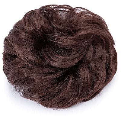 Cybelleza Scrunchie hårdel, hårsnodd, hårförlängning, hästsvans, kutt, bull, hög stickning, hårband, vågig, lockig hårknut, mässing (mörk kastanjebrun)