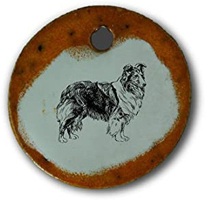 Schöner Keramik-Anhänger „Collie“ in orange marmoriert; Schmuck Kette Kettenanhänger Geschenk Kunsthandwerk Keramik rund Talisman Halskette Aufmerksamkeit Mitbringsel individuell