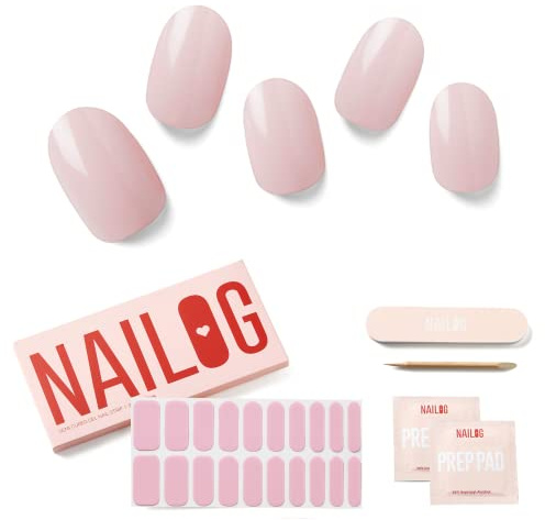 NAILOG Semi Cured Gel Nail Strips, Extra Long Nail Polish Strips (20 Pieces),UV/Led Lamps Semi Cured Nail Stickers with Soft Glossy Gel Finish,Camellia
