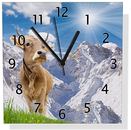 Wallario Design Wanduhr Kuh im Sonnenschein in den Alpen aus Aluverbund, Alu-Uhr Größe 30 x 30 cm, Schwarze Zeiger mit Metalloptik