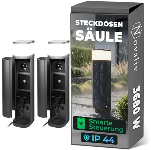 Novatool 2x Pollerleuchte außen mit Steckdose Funk 2-fach Anthrazit rund mit Blende SMART WIFI APP IP44 Steckdose Gartensteckdose Outdoor Steckdosesäule Garten Steckdosenturm