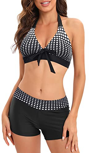 Women's 2 piece Sports Swimsuit with Boy Shorts Athletic Knot Two Piece Bathing Suit Shorts for Women Halter Swimwear Black Square Medium