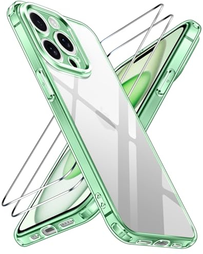 ivoler Clear Case Compatible with iPhone 15 Pro 6.1 [Long Lasting Clarity] [Military Grade Drop Protection], 1 Phone Case + 2 Tempered Glass Screen Protector, Shockproof Hard Slim Cover - Mint Green