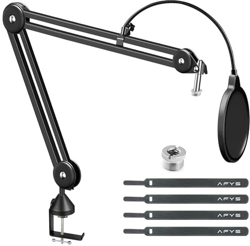 AFYS Microphone Stand - Adjustable Arm for HyperX QuadCast S, SoloCast, Snowball & More - Durable Boom Arm, Desk Mount, Noise Minimizing, Black, Modern and Sleek