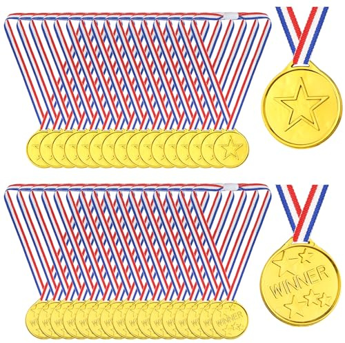 PLULON 60 Pezzi Medaglie d'oro per Bambini, Medaglie Vincitore in plastica Premio Medaglia d'oro per Bambini con Nastri al Collo per Competizioni di Feste per la Giornata dello Sport Scolastico (Oro)