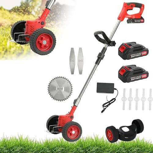 Akku Rasentrimmer,24V 2000mAh Kabelloser Kantenschneider mit 2 Batterien und 1 Ladegerät 8 Klingen,Garten Rasenschneider mit abnehmbaren Rädern,3 in 1 Teleskop Freischneider,Leichter Rasentrimmer