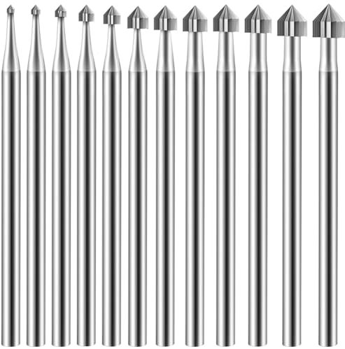 Gokoti 12Pc Cylinder Cone Shape Carving Burr Sets Jewelry Burr SetsShank Jewelry Making Stone Setting Burs for Lapidary 008-040