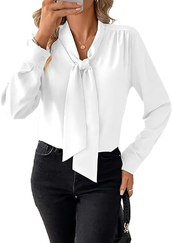 SHEKINI Women Bow Tie Neck Long Sleeve Blouse Shirts Office Work Tunic Tops | Elegant, Loose Fit, Shirt