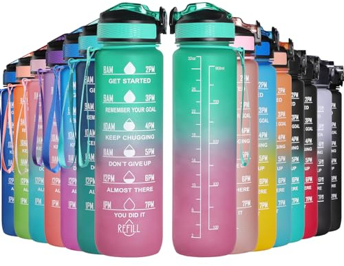 GeeRic Water Bottle, 1 Litre, 1000 ml, Portable Sports Water Bottle, Ladder/Straw/Time Indicator Leak Proof Bike Water Bottle, 1 L for Gym, School, Sports, Cycling, Purple/Green