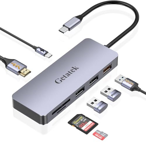 Getatek 7 IN 1 USB C Hub Mit HDMI, USB3.2 10Gbps, 2 USB 2.0, 100W PD, SD/TF Kartenleser, Für 2024-2016 MacBook Pro/Air 13/14/15/16, Universal Type C Multiport Adapter (Gray)