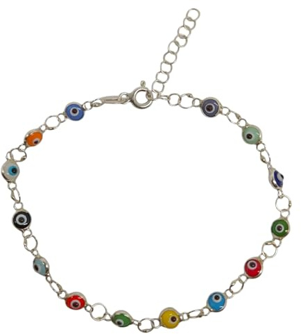MYSTIC JEWELS - Pulsera de Plata de Ley 925 con Ojitos de la Buena Suerte, 14 Ojitos de 4 mm, con Extensión de Cadena (Multicolor)