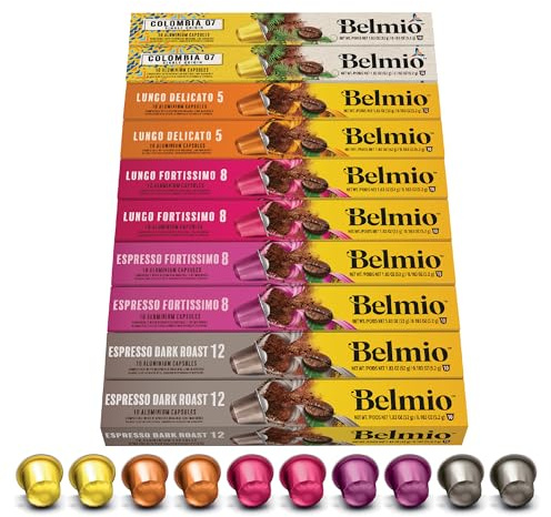 Belmio Capsules Nespresso Compatibles, Pack Espresso & Lungo, Capsules de café fortement torréfiées, Intensité 5 à 12, Qualité belge authentique, 5 variantes de saveurs, 100 unités.