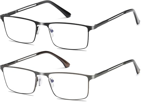 ZXYOO 2 Paia Occhiali da Lettura Uomo con Lenti Anti-Luce Blu, Montatura Metallica Ultraleggera, Cerniere a Molla（Nero+grigio）+1.75