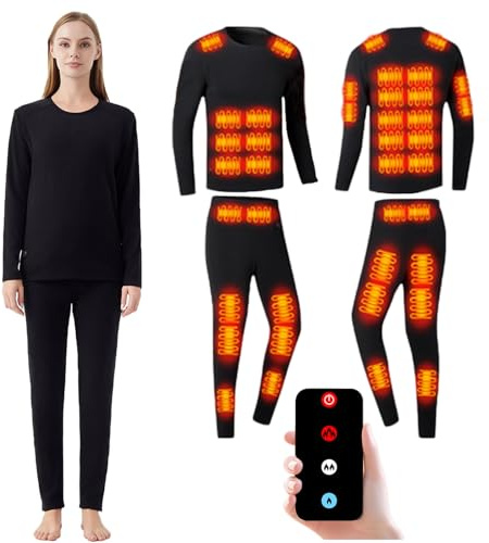 NBKUOLE Heated Thermal Underwear Set for Men Women Base Layer 42 Zone Heating Long Johns Shirts Pants with Remote Control Women Black,XS