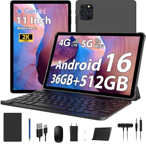 RUSHAR Tablet 11 Pulgadas Android 16 con 36GB RAM+512GB ROM (2TB TF), 4G LTE & 5G WiFi, Octa-Core 2.0GHz, 8000mAh, 13MP+8MP, Widevine L1,Gemini AI, GPS, BT 5.0, Tablet con Teclado, Negro